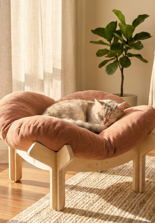 Kat slaapt in een roze verhoogd kattenbed op houten poten in een zonnige woonkamer