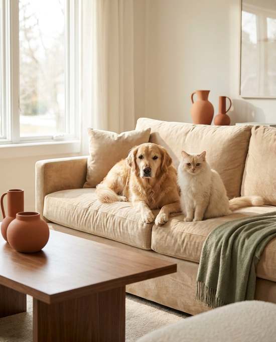 Hond en kat liggen samen op een linnen zetel in een warme woonkamer
