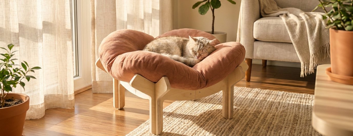 Kat slaapt in een terracotta Elevated Cat Bed op houten poten in een zonnige woonkamer